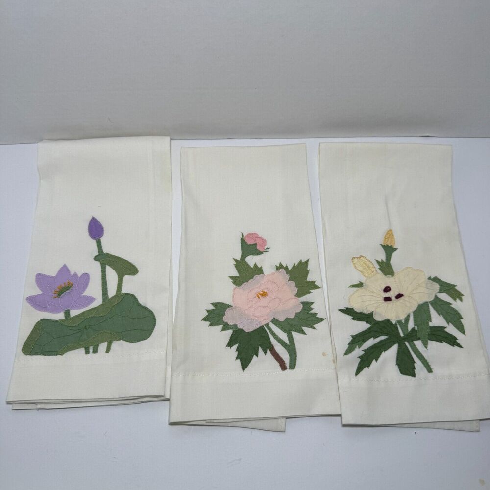 Set of Three Vintage Floral Applique Napkins